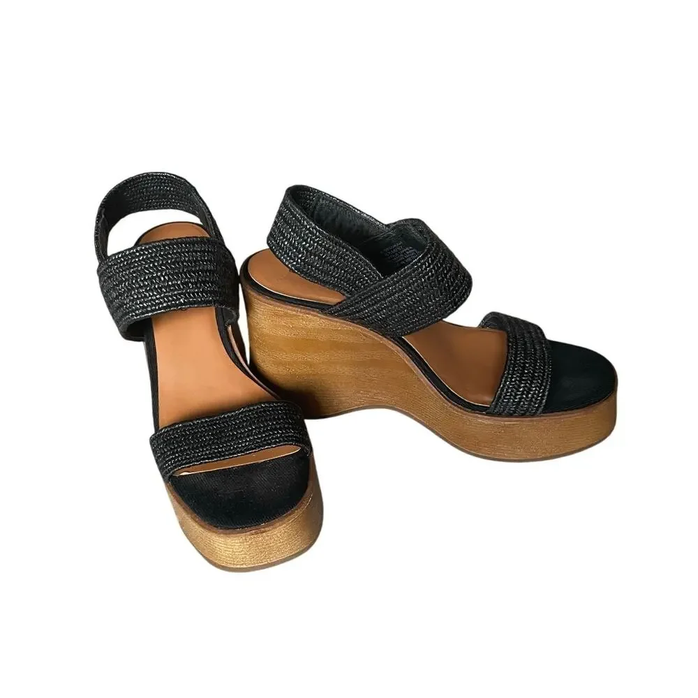 Platform Wedge Heel Sandals BlackSize 6.5M Slip On Open Toe Festival Party Fair